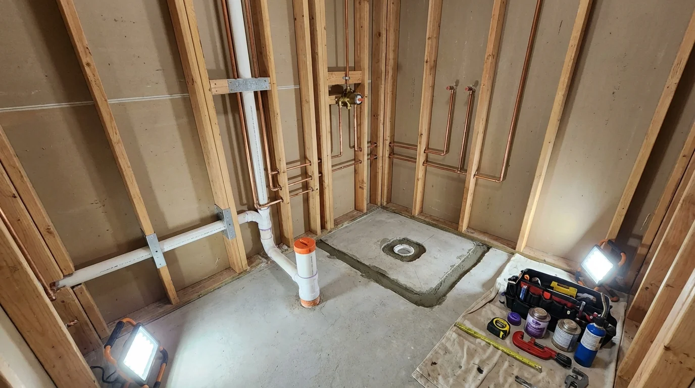 Bathroom rough-in plumbing during remodel by Johns Plumbing LLC in Holgate