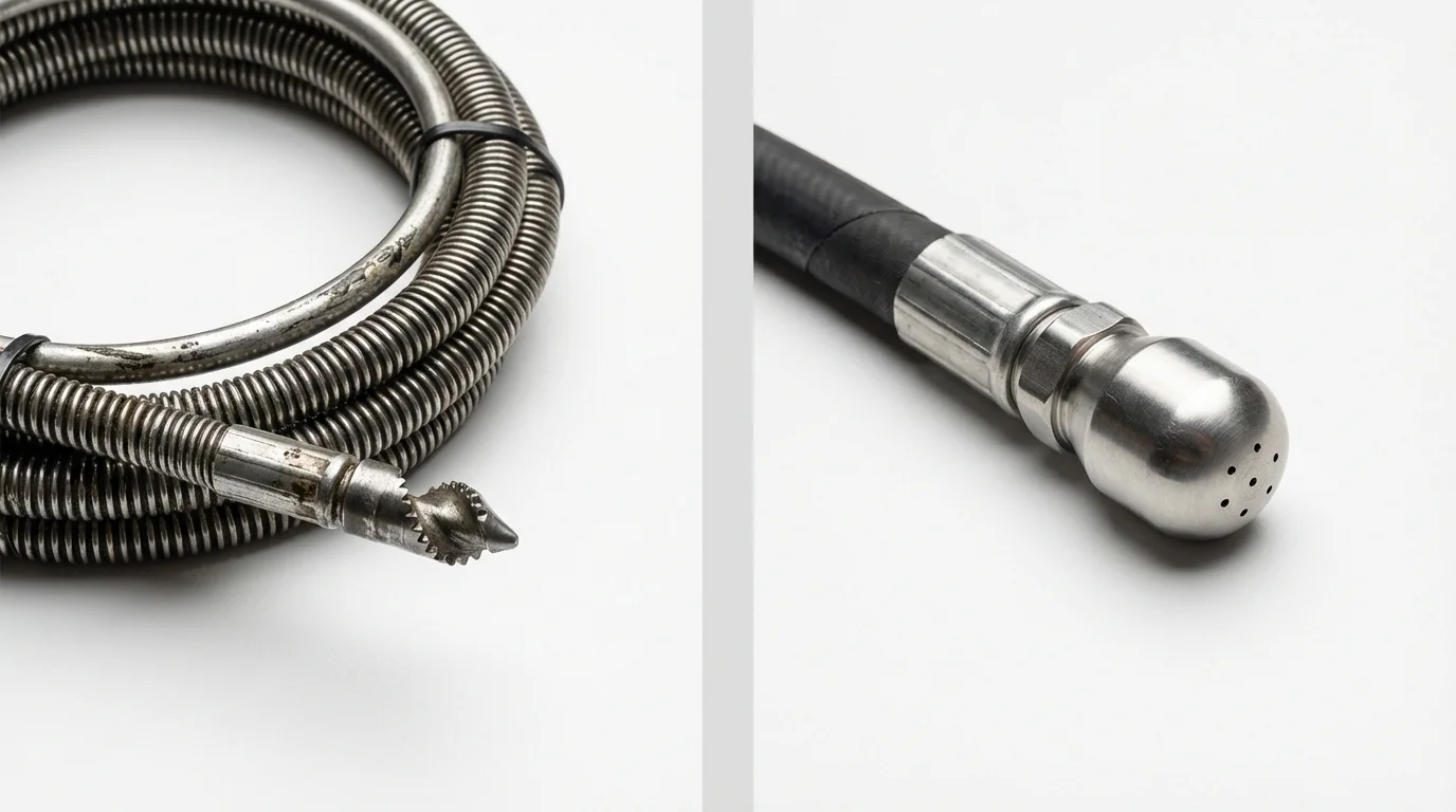Drain snake cable and hydro jetting nozzle used for drain cleaning in Holgate, OH