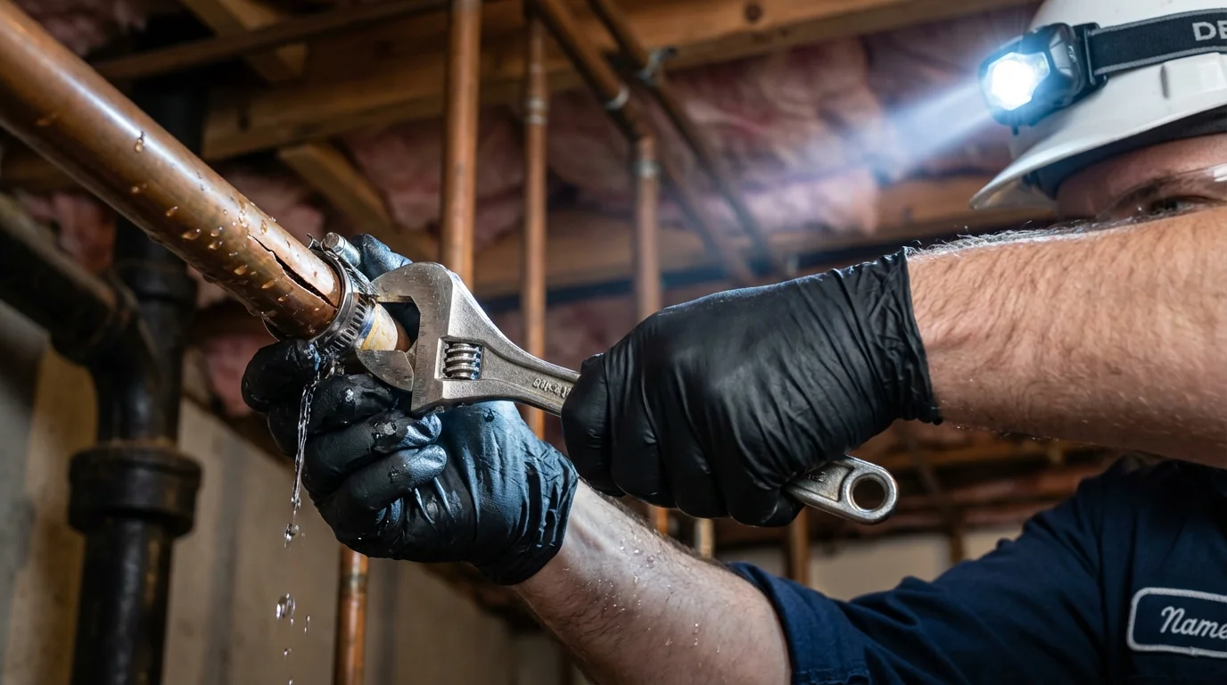 Emergency pipe clamp repair being performed by a Johns Plumbing LLC plumber in Holgate