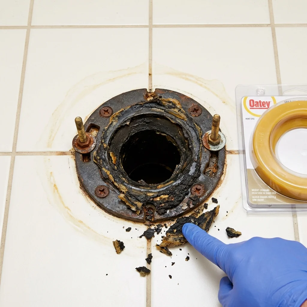 Failed wax ring showing water seepage at the base of a toilet in a Holgate, OH home
